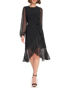 Tommy Hilfiger Jersey Midi with Chiffon Sleeve and Ruffle Hem | Dresses