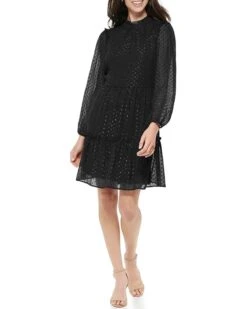 Tommy Hilfiger Long Sleeve Glitter Chiffon Tiered Shift | Dresses